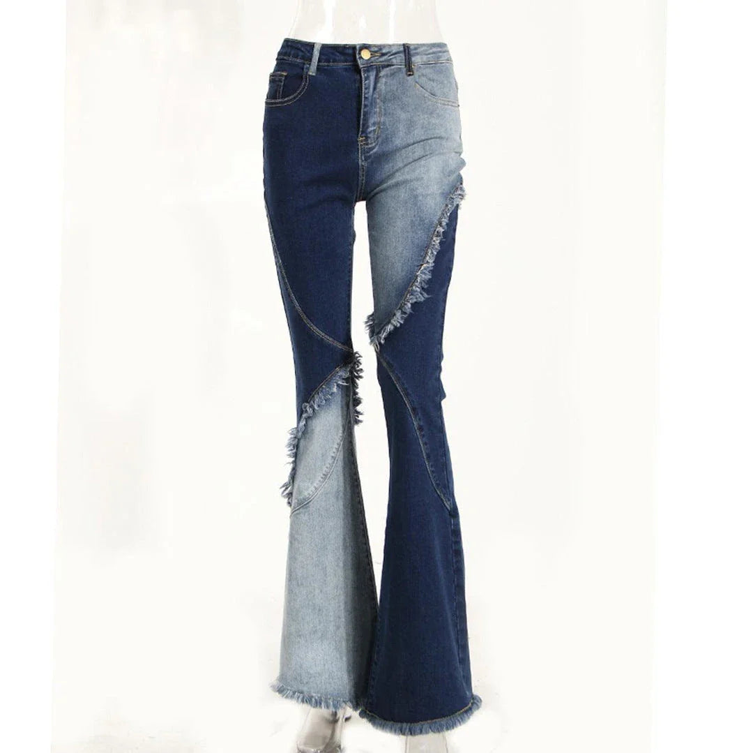 Geometric raw edge jeans with high-waisted, slimming design in blue denim