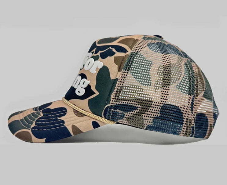 Camo curved brim hat with embroidered 'Live For Feeling' slogan, adjustable size for all-day comfort and style