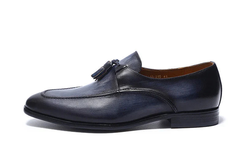 Premium casual leather loafers for men in black, brown, and blue colors with a sleek, low-profile design and durable rubber soles