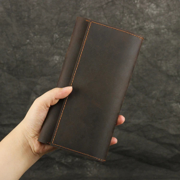 Trendha Men's Retro Handmade Long Wallet made of premium cow leather with sleek vertical design and practical internal organization