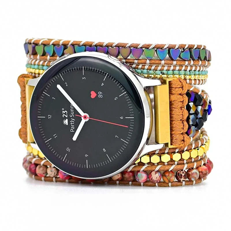 Stylish stone woven watch strap with natural beads and durable fabric design, compatible with various smartwatch sizes.