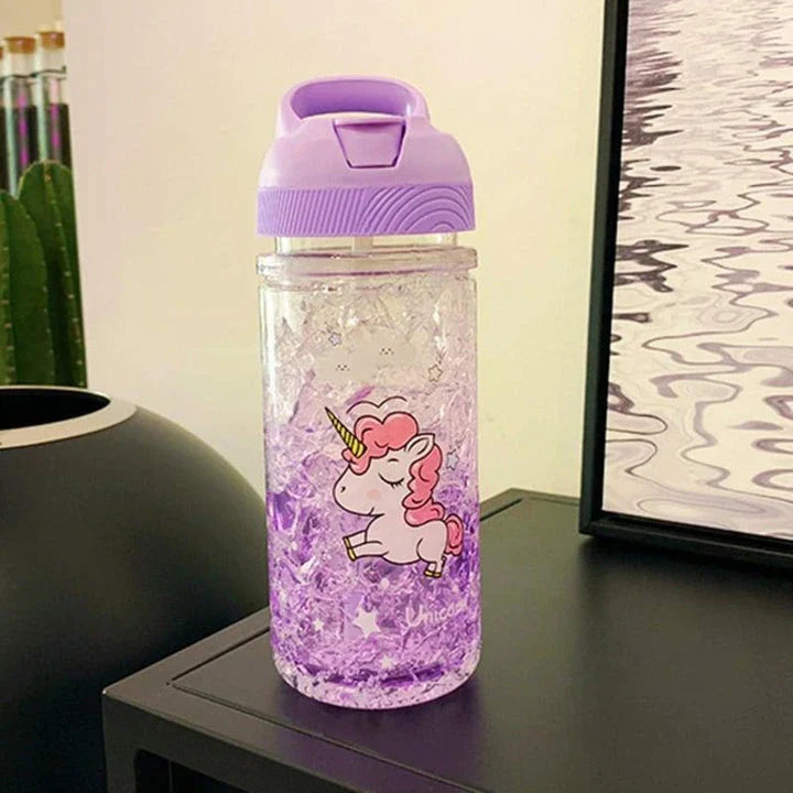 A reusable water bottle with a vibrant unicorn print design and dual straw feature, perfect for on-the-go hydration and adding a touch of whimsy to your day.