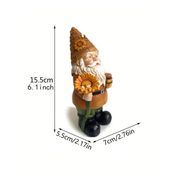 Charming sunflower-themed garden gnome statue dressed as a beekeeper, made of weather-resistant resin for outdoor display