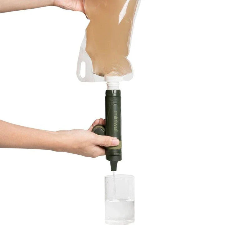 Compact and lightweight portable water filter with advanced triple-stage filtration technology to remove bacteria, parasites, and harmful chemicals from any water source