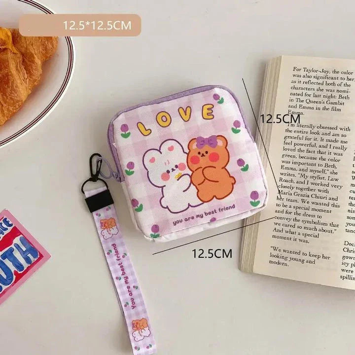 Adorable cartoon nylon cosmetic bag with secure zipper closure and compact, box-shaped design