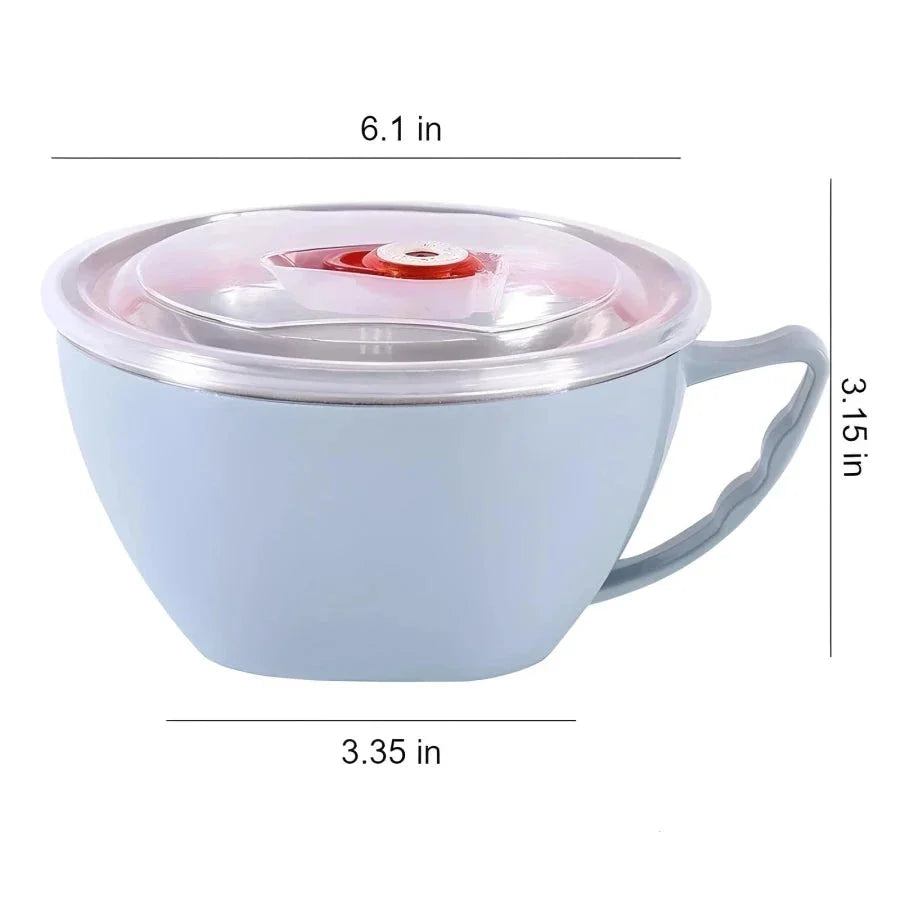 Colorful stainless steel mixing bowl with ergonomic handle, available in pink, green, and blue colors