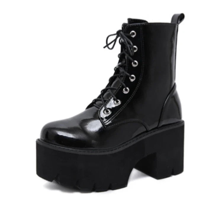 A pair of stylish lace-up high heel boots in black, featuring a sleek design and microfiber interior for comfort.