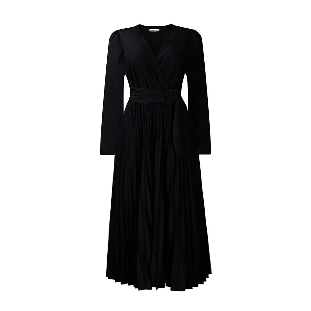 Luxurious long sleeve pleated Africa dress with lace-up neckline, available in multiple colors and sizes
