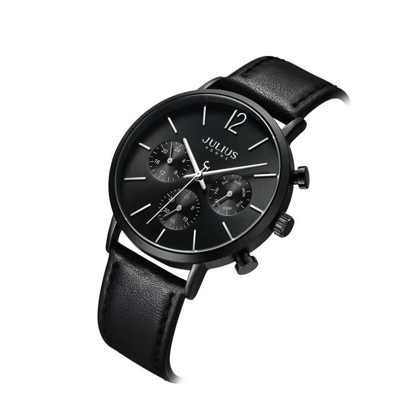 A sophisticated multi-function quartz watch with a sleek design, water-resistant construction, and versatile features.