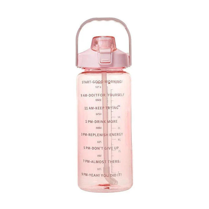 Motivational 2L Straw Water Bottle with time and volume markers, pop-up silicone straw, and wide mouth design for fruit infusions