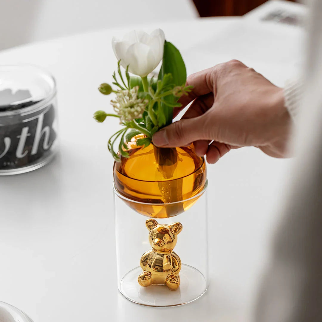 Charming Nordic Glass Bear Vase - Elegant Decorative Vase with Unique Cartoon Bear Design