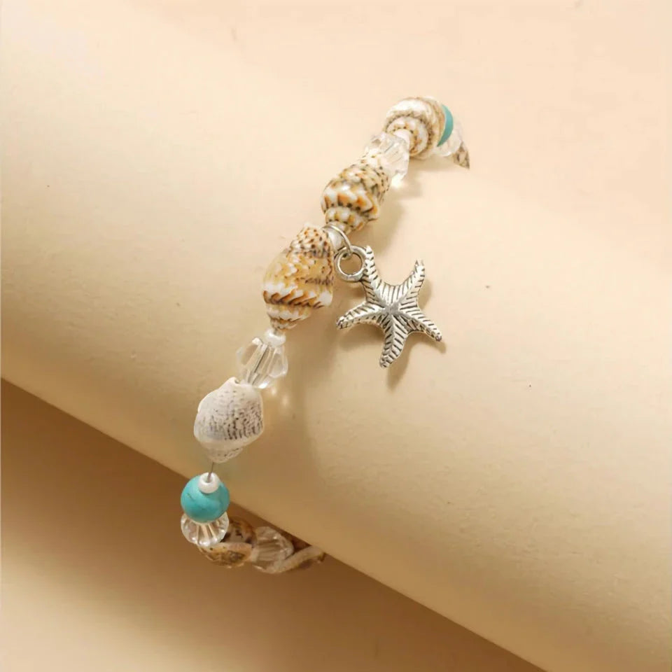Charming starfish and crystal beaded anklet in white and blue color, a stylish accessory for summer fashion