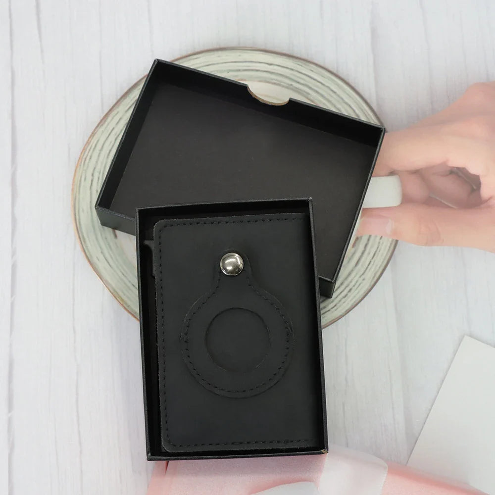 Automatic leather card wallet with anti-loss tracking feature, made with premium cowhide leather and aluminum alloy for secure and convenient card storage.