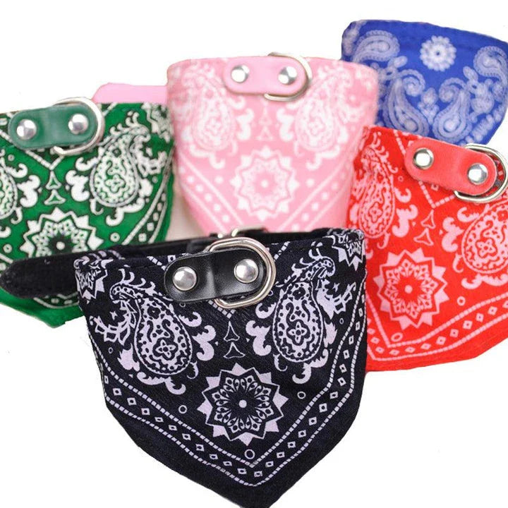 Adjustable Dog Scarf Collar in various sizes and colors, perfect for dressing up your furry friend in style.
