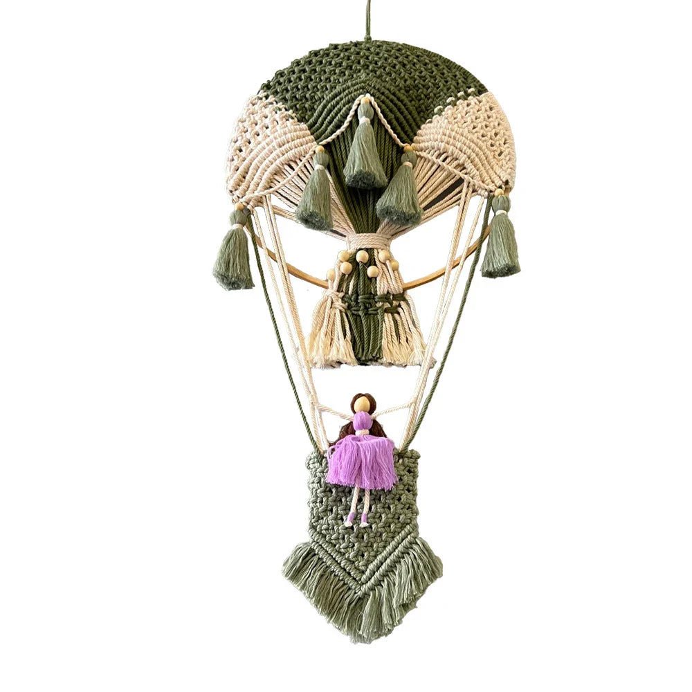 Handcrafted cotton tapestry featuring vibrant hot air balloon design, perfect for wall decor in living room or bedroom.