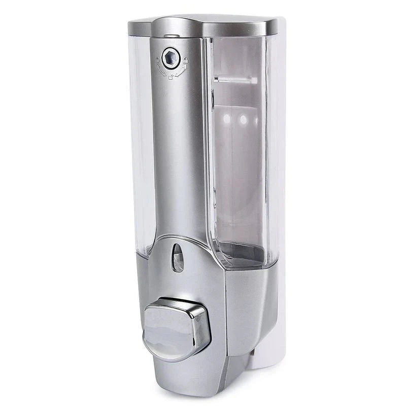 A modern, silver-colored 350ml wall-mounted soap and shampoo dispenser with a sleek, touch-free design for enhanced hygiene in bathrooms and kitchens.