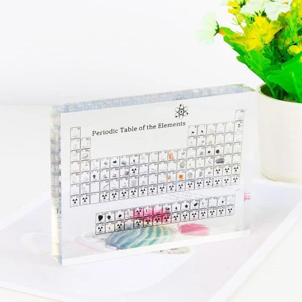 Acrylic periodic table display with 83 real samples of the elements that make up our universe