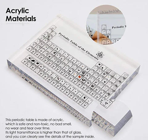 Acrylic periodic table display with 83 real samples of the elements that make up our universe