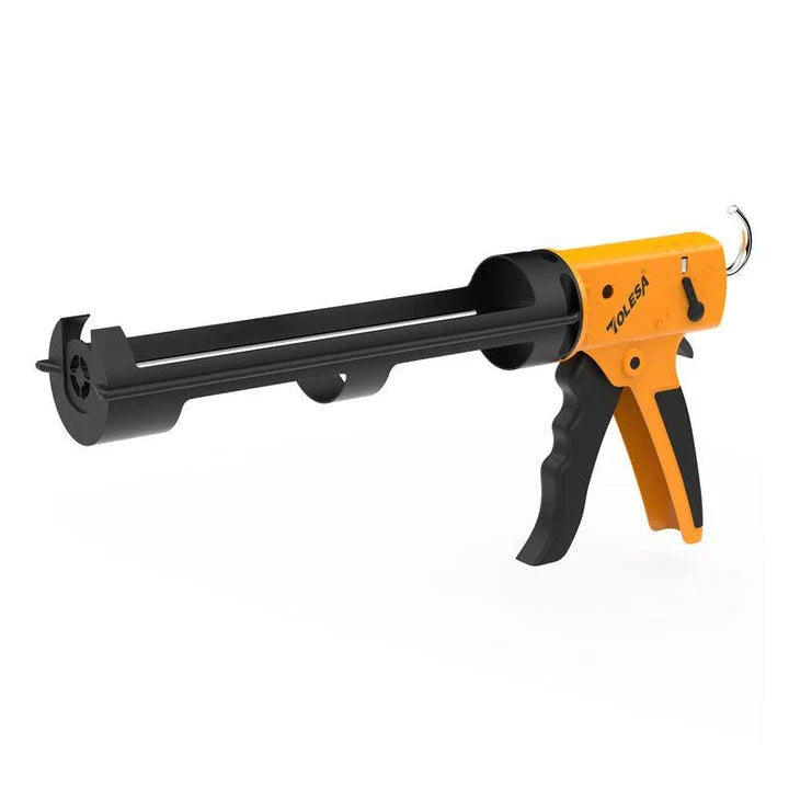 A non-drip caulking gun with a 12:1 thrust ratio, designed for professional-grade caulking applications in home improvement projects.