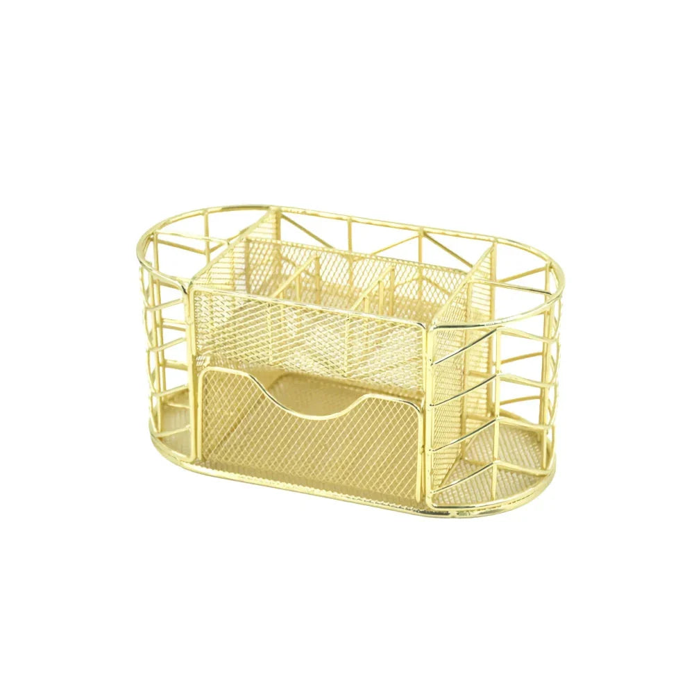 A sleek, modern metal mesh desktop organizer with various compartments for storing office supplies.