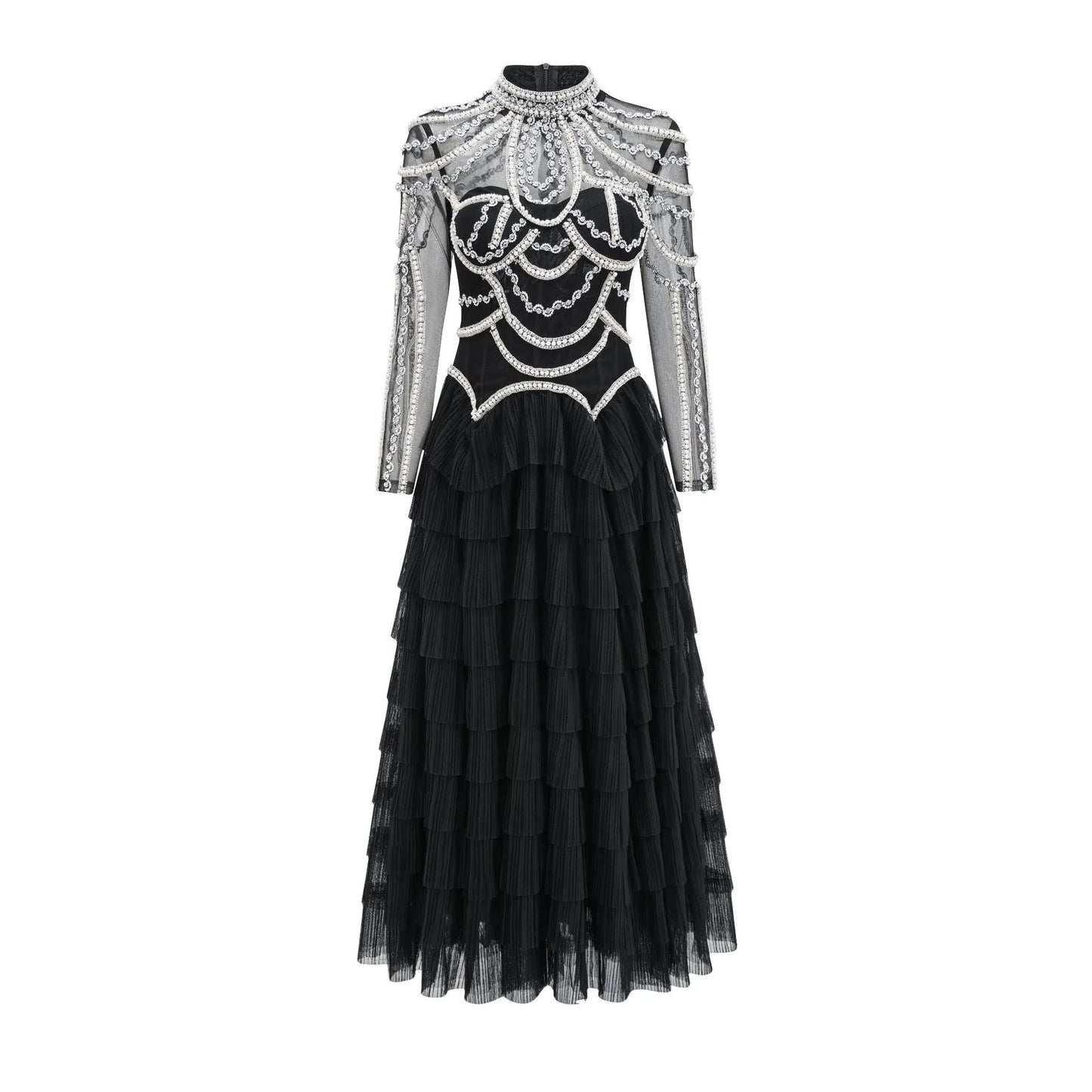 Women's long sleeve black beaded dress with 3D decoration and a mid waist.