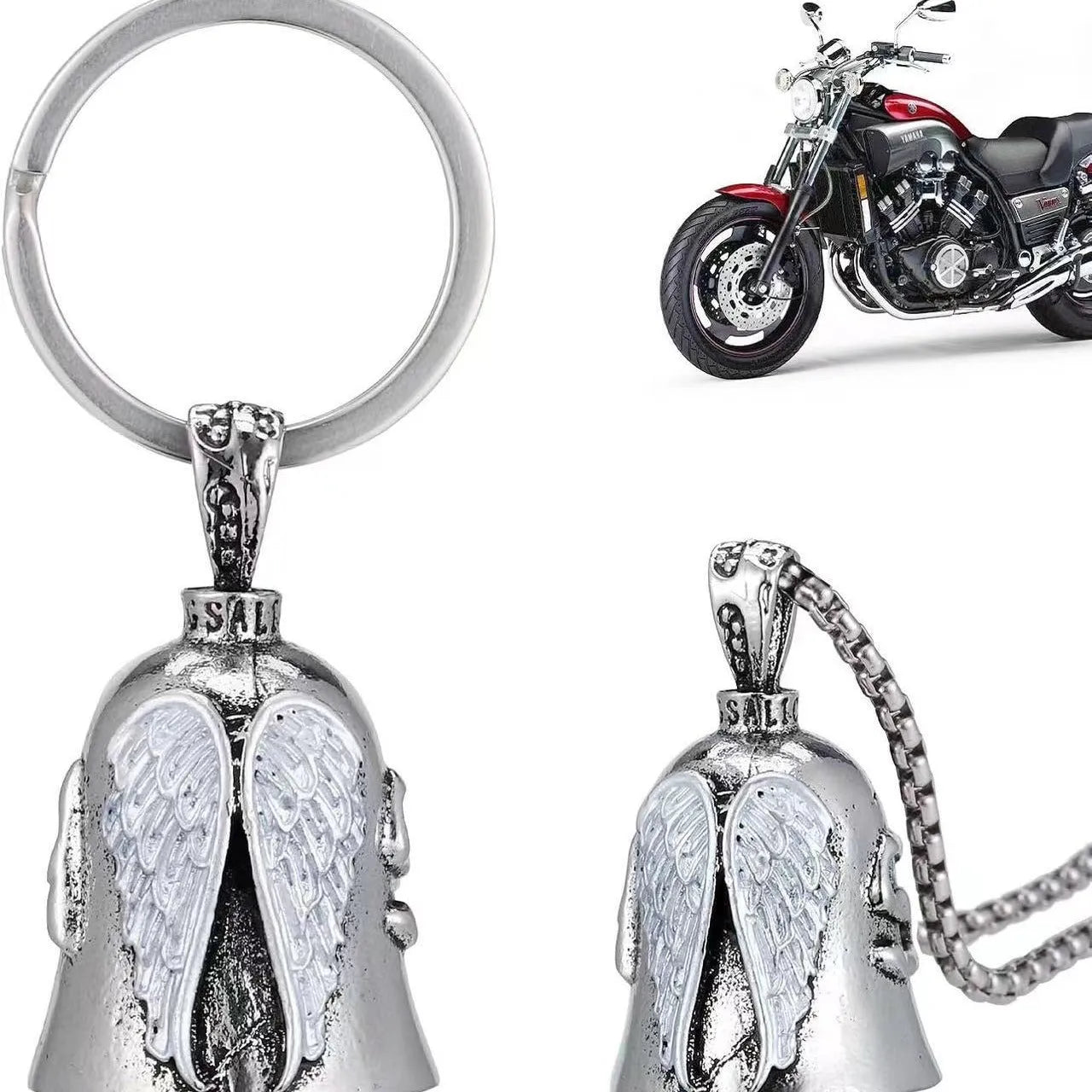 Vintage silver-tone angel wings feather keychain and necklace on a white background.