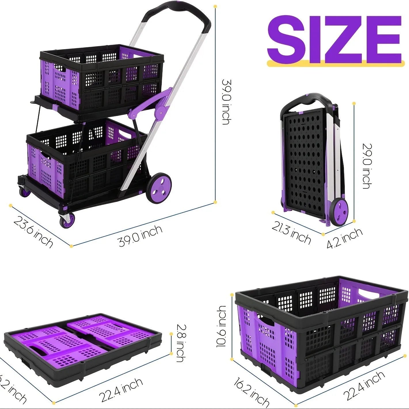 Blue foldable shopping cart with a double-layer plastic basket standing upright.