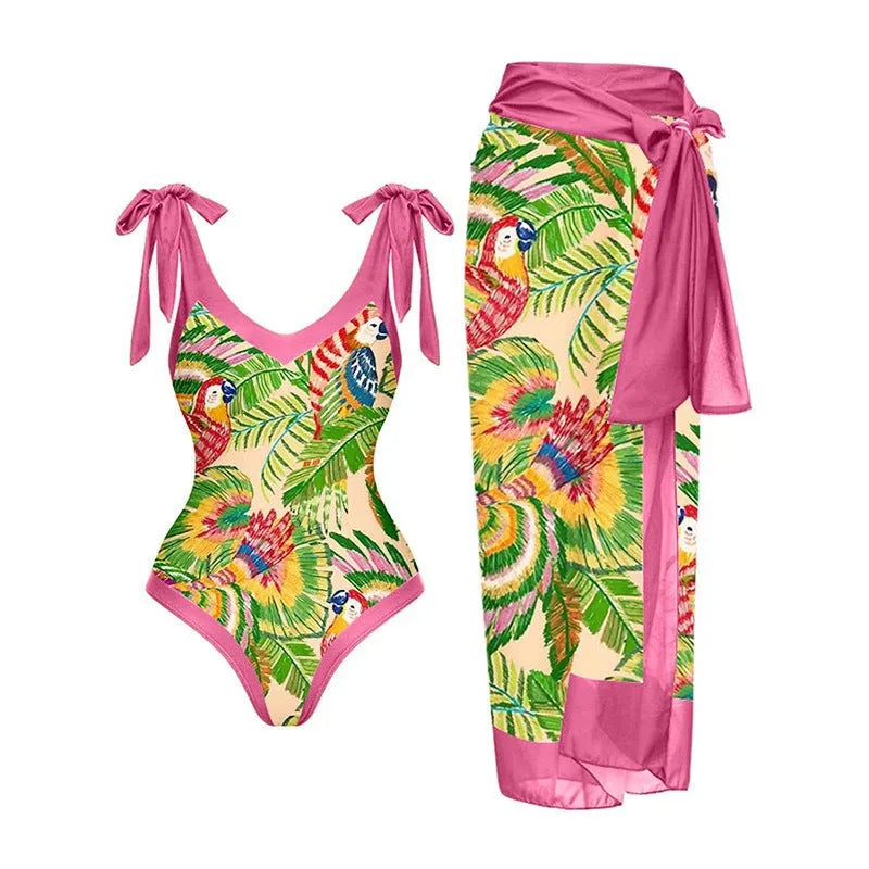 Women's solid colour one-piece swimsuit with spaghetti straps and a matching skirt.