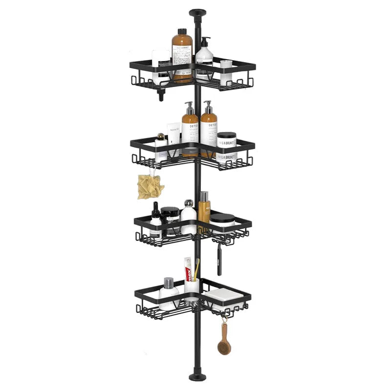 Stainless steel retractable bathroom storage rack with four shelves and hole-free installation