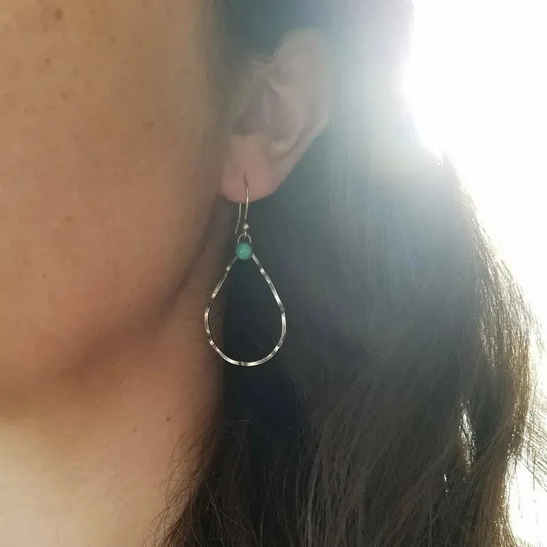 Geometric circle bohemian earrings with antique silver finish and turquoise accents