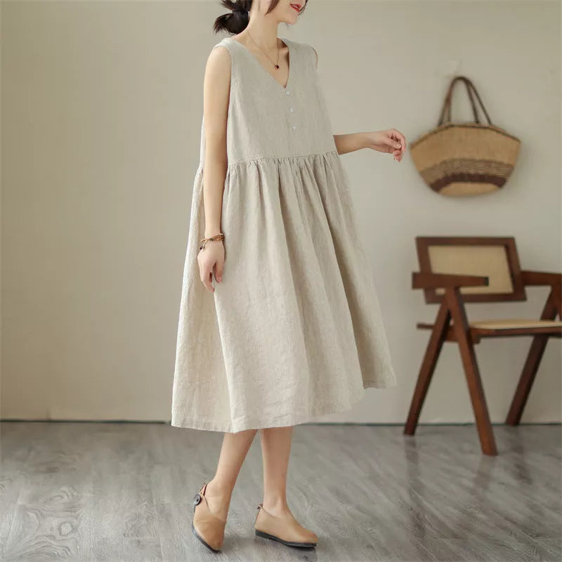 Japanese cotton linen sleeveless summer dress in green and beige with V-neck design