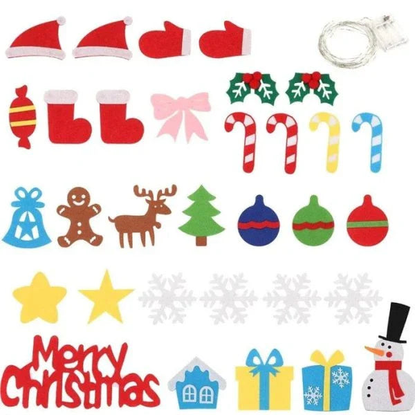 DIY Felt Christmas Tree Set with 32 ornaments and 29 LED string lights for children to decorate and unleash their creativity