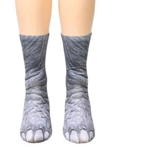 Stylish 3D animal paw print socks in a variety of designs including cats, dogs, elephants, tigers, horses, zebras, and dinosaurs