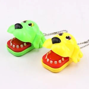 A realistic-looking shark-shaped biting finger toy that provides a satisfying snap when pressed down on.