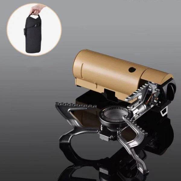 Camping Gas Stove with Mars Green and Khaki Yellow color options, featuring a portable storage bag for easy transport.