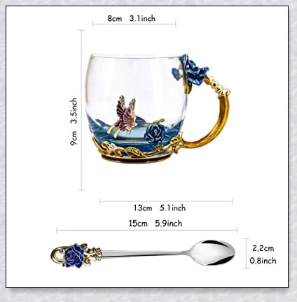 Handmade enamel mug or teacup with beautiful butterfly and rose designs, available in various styles