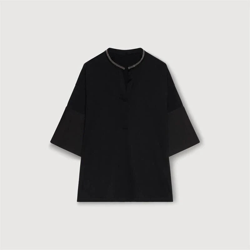 A white t-shirt with a bead chain detail around the neckline and a split hem design, perfect for summer