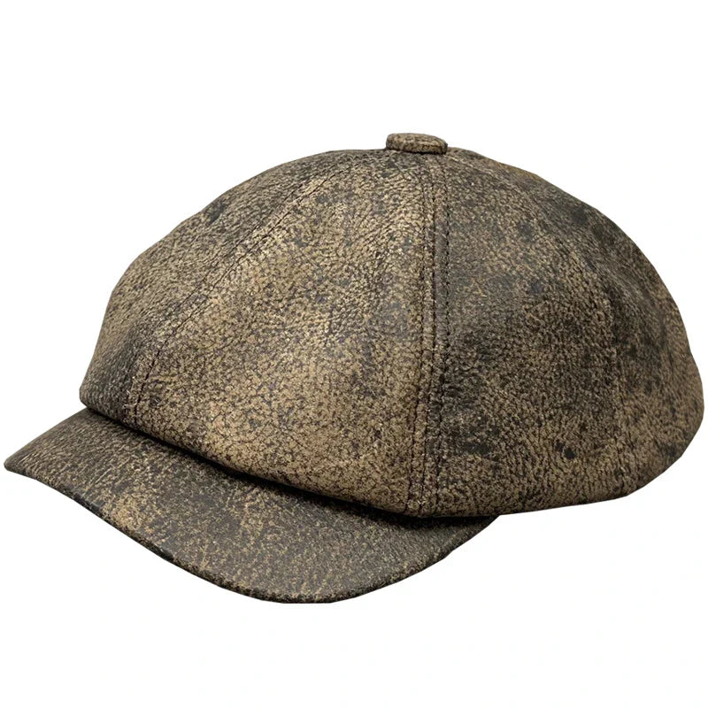 Cowhide leather painter cap with dome crown design, perfect for autumn and winter weather