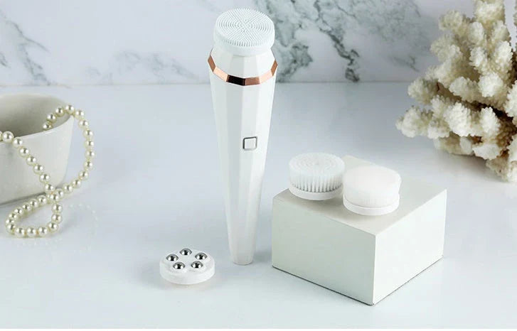 Rechargeable electric facial cleansing brush with 4 interchangeable brush heads for deep cleaning and revitalizing the skin