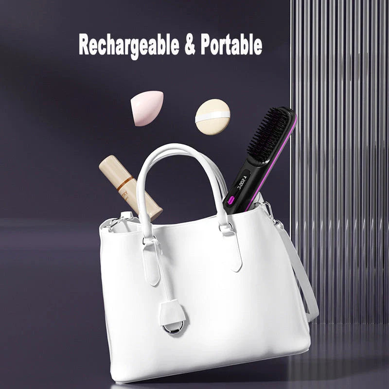 Wireless Hair Straightener Brush with fast heating, portable design, and USB charging