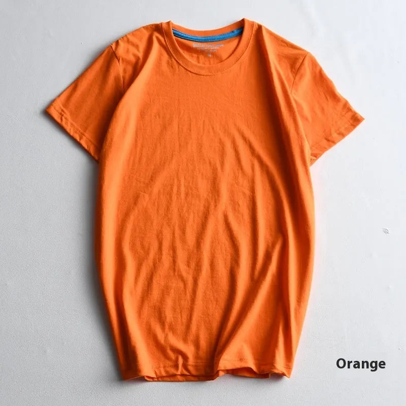 Men's solid colour cotton round neck T-shirt on a hanger, short sleeve casual style.