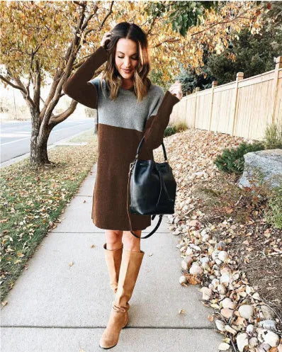 Brown women's sweater patchwork skirt with loose round neck and long sleeves, retro art design