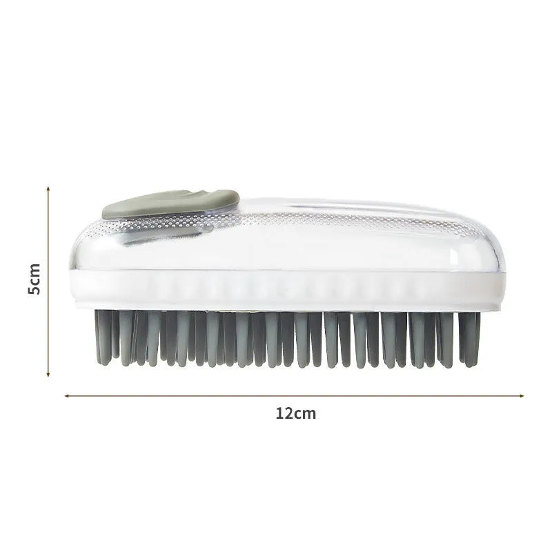 Flexible silicone pet bath brush with an adjustable hand strap in grey and pink colour options.