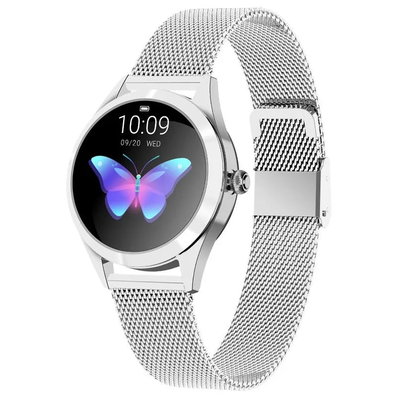 Women's multi-colour sports smartwatch showing fitness tracking on screen.
