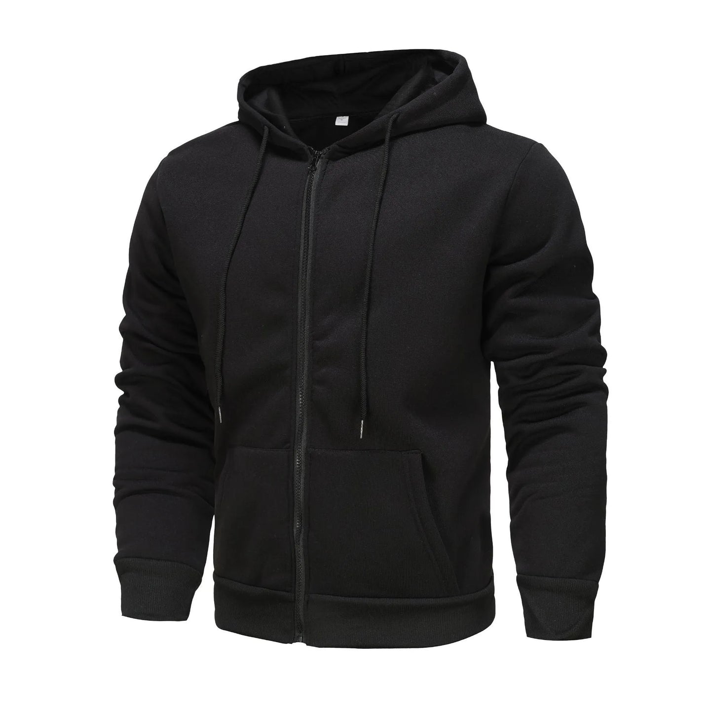 Men's black zip-up hoodie cardigan with a fleece lining, shown with the hood up.