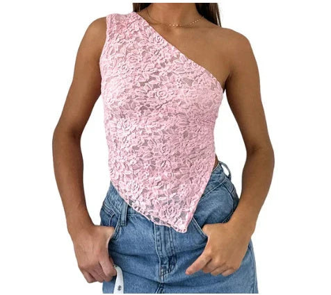 A stylish backless lace top in various colors with an asymmetrical sloped neckline and waistless design, perfect for summer streetwear fashion.