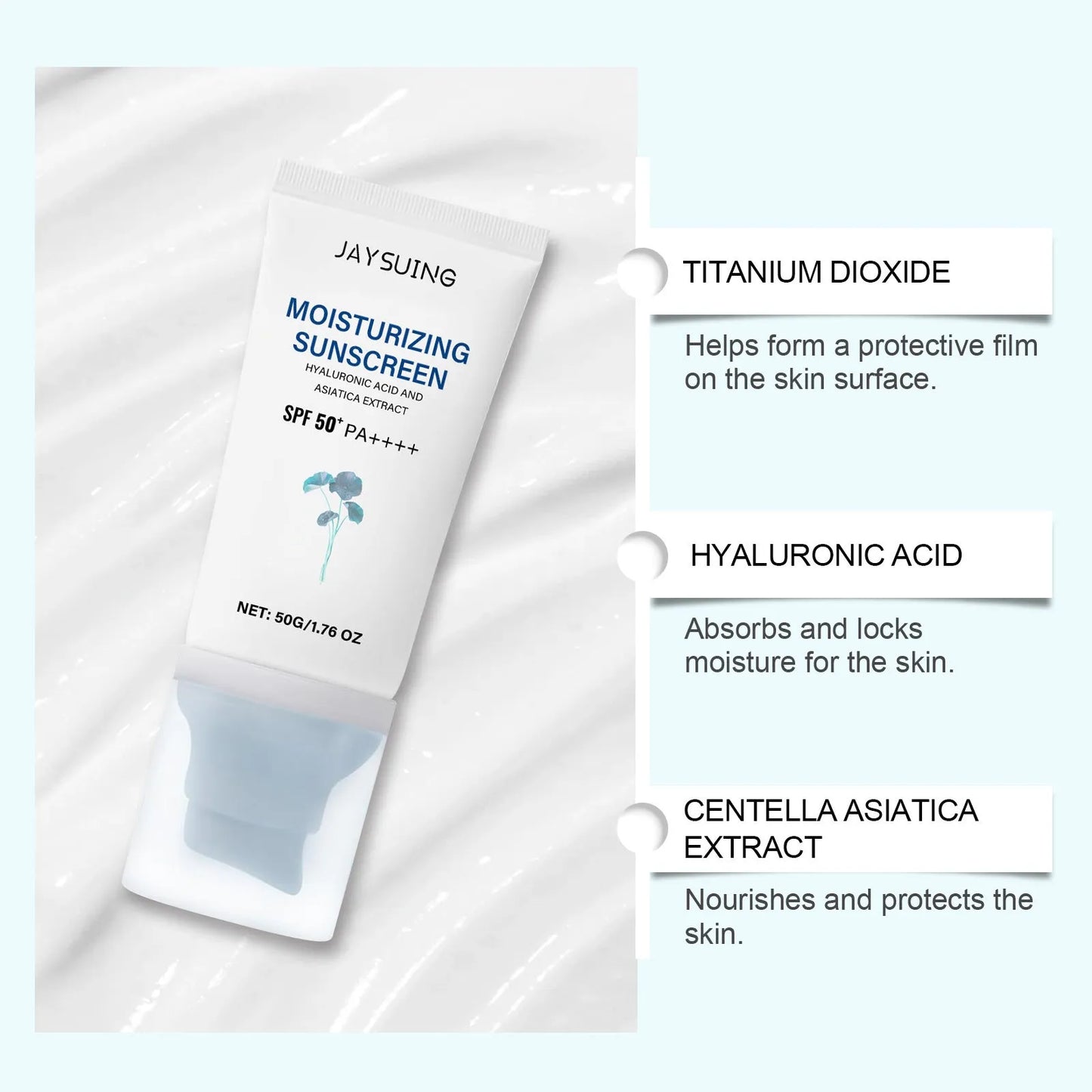 50g tube of snow grass sunscreen with centella extract and hyaluronic acid