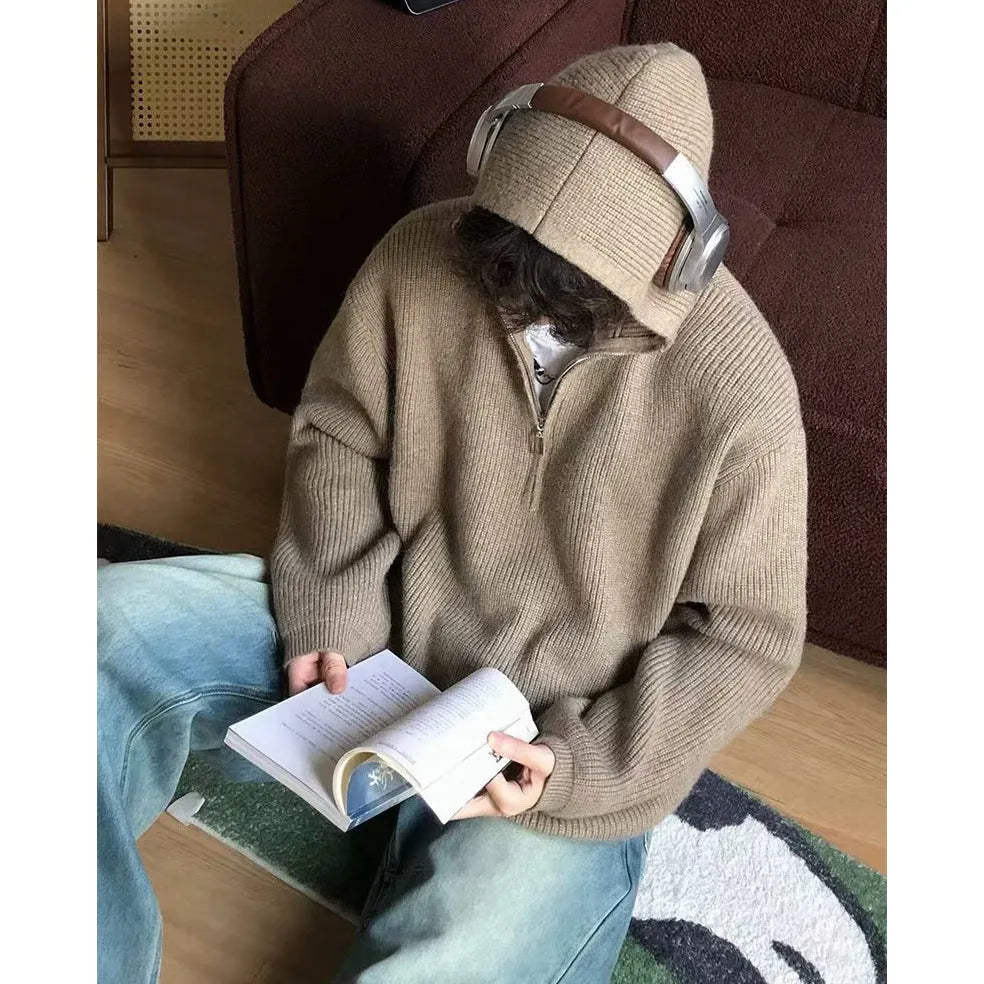 Loose baggy knitted sweater coat, long sleeve, polyester fiber, shown in dark gray black khaki, sizes M to 3XL