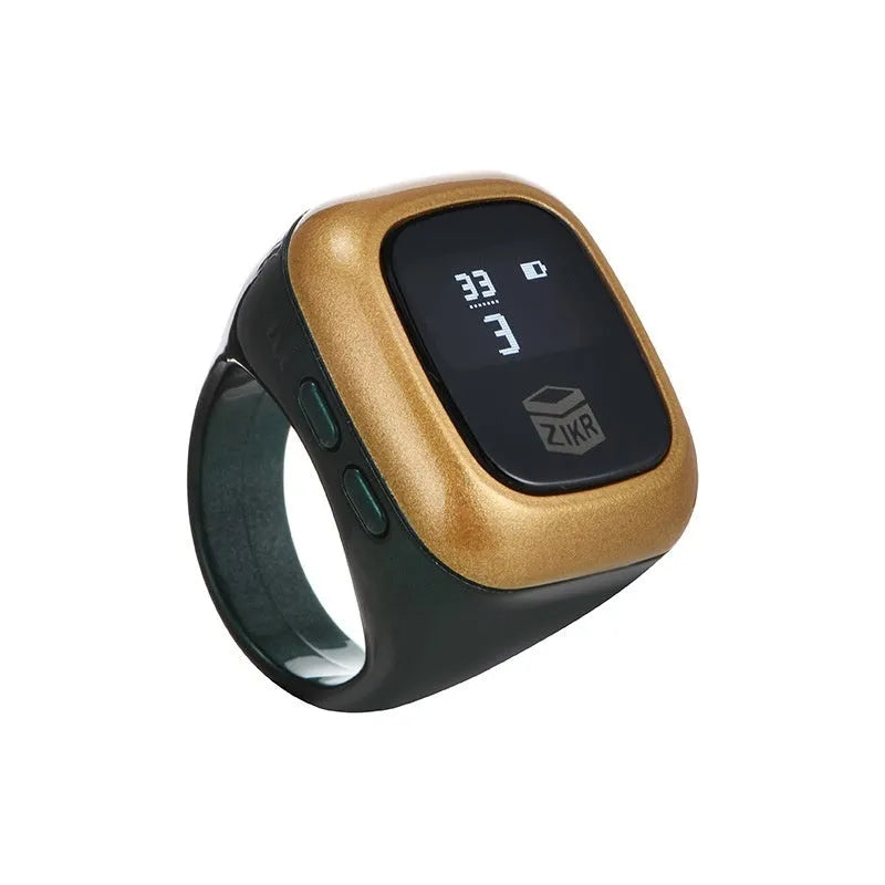 Al-Fatiha black electronic zikr counter on wrist showing digital display, with rose gold and silver colour options visible.