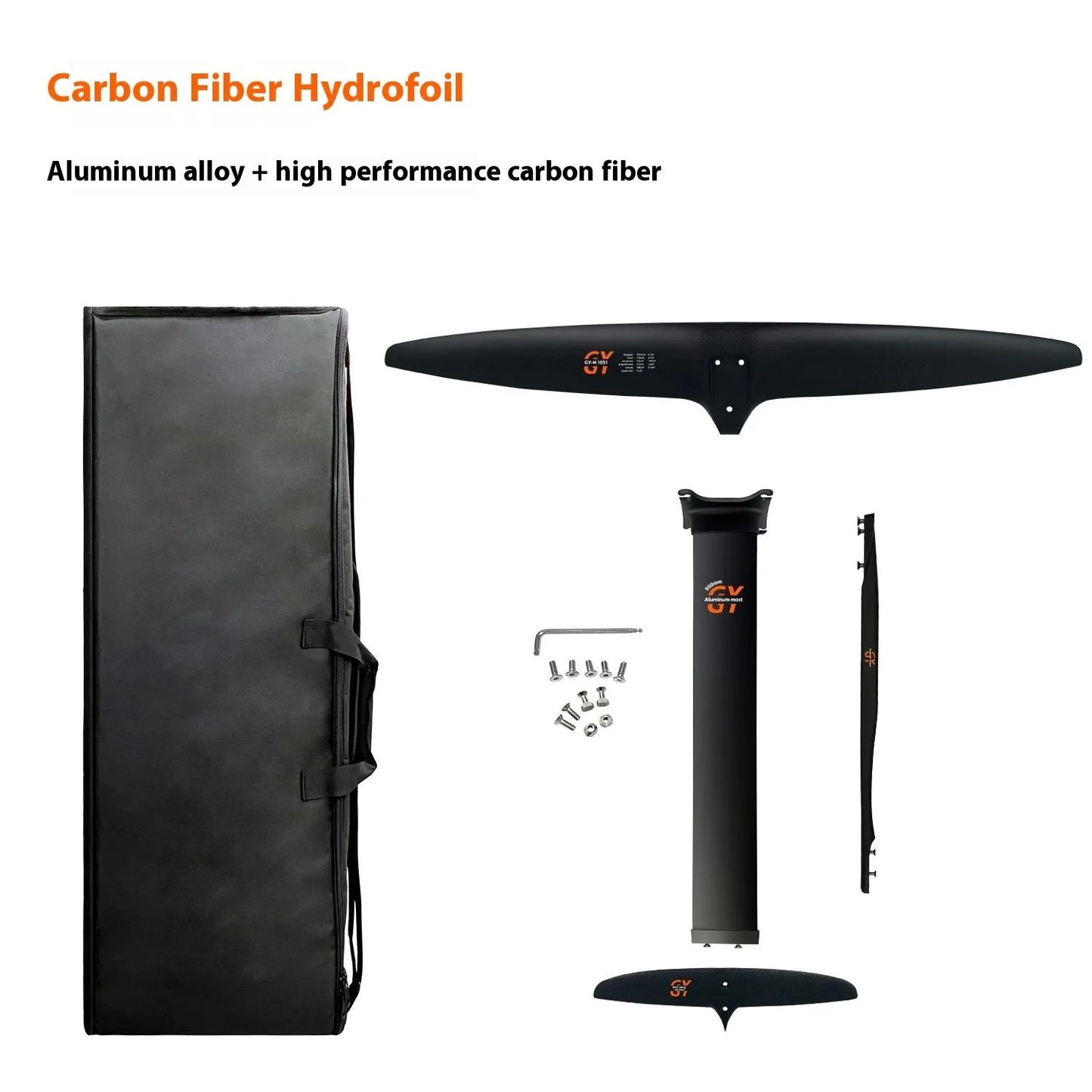 Black carbon fibre and aluminium racing hydrofoil for surfing with large front wing